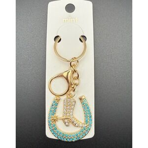 Turquoise Rhinestone Horseshoe Cowboy Boot Keychain Charm‎ Gold Tone
